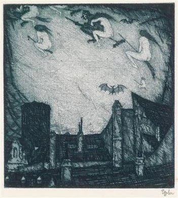 a grey-blue inky print of naked women on brooms and bats flying over a dark, gothic city scape