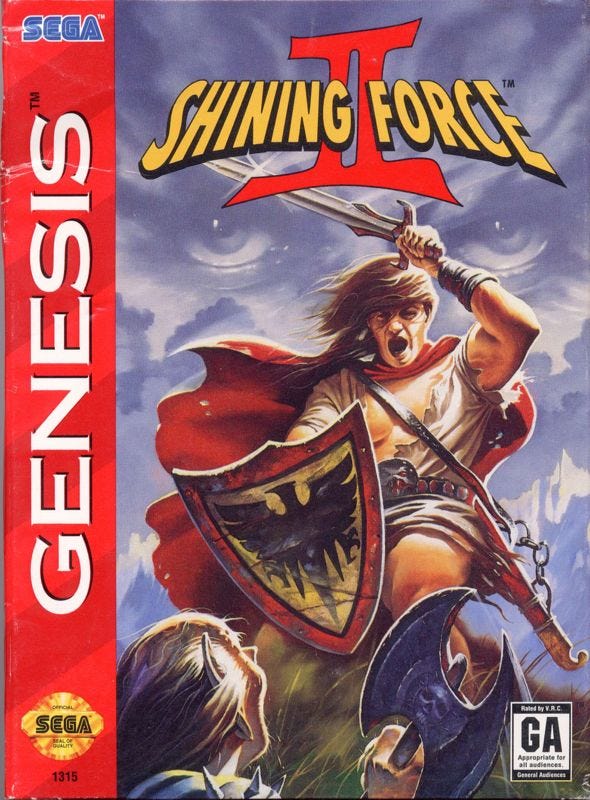 A scan of the North American Genesis box art for Shining Force II, which has the game's logo up top, and a couple of characters engaged in a battle underneath. There is a pair of eyes in the background; it's unclear without playing who they belong to, but they look ominous here.