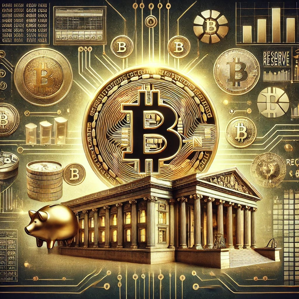 An image representing Bitcoin as part of the treasury. The image should feature a golden Bitcoin symbol prominently in the center, surrounded by elements that signify its integration into the treasury system. Include images of a treasury building, vaults, official documents, and digital ledgers. Add elements like coins, financial charts, and currency symbols to represent financial management and reserve assets. The background should blend digital elements such as binary code and circuit patterns with traditional treasury imagery, creating a cohesive visual that highlights Bitcoin's role in modern financial governance.