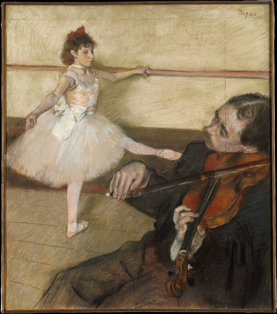 The Dance Lesson, Edgar Degas (French, Paris 1834–1917 Paris), Pastel and black chalk on three pieces of wove paper, joined together 