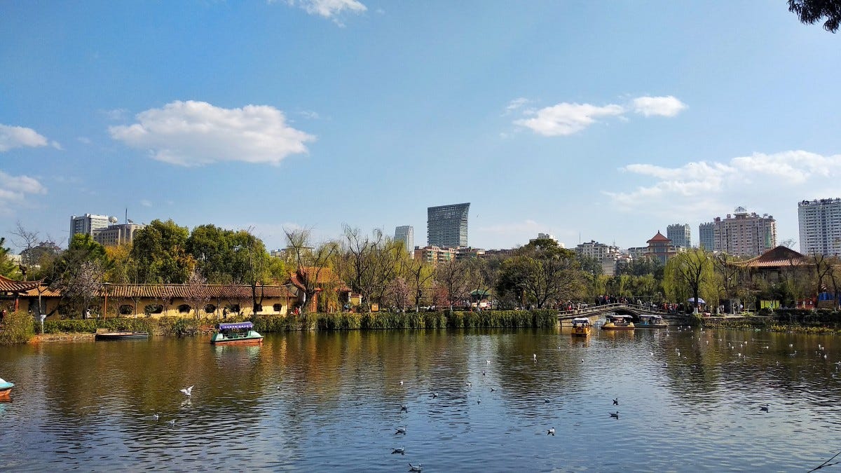 kunming, garden, chinese garden, green lake, park, lake, waterway, skyline, city, reflection, water, sky, metropolitan area, body of water, daytime, river, bank, urban area, tree, canal, cityscape, metropolis, skyscraper, bayou, tower block, downtown, pond, tourist attraction, recreation, plant, reservoir, wetland, watercourse, bridge