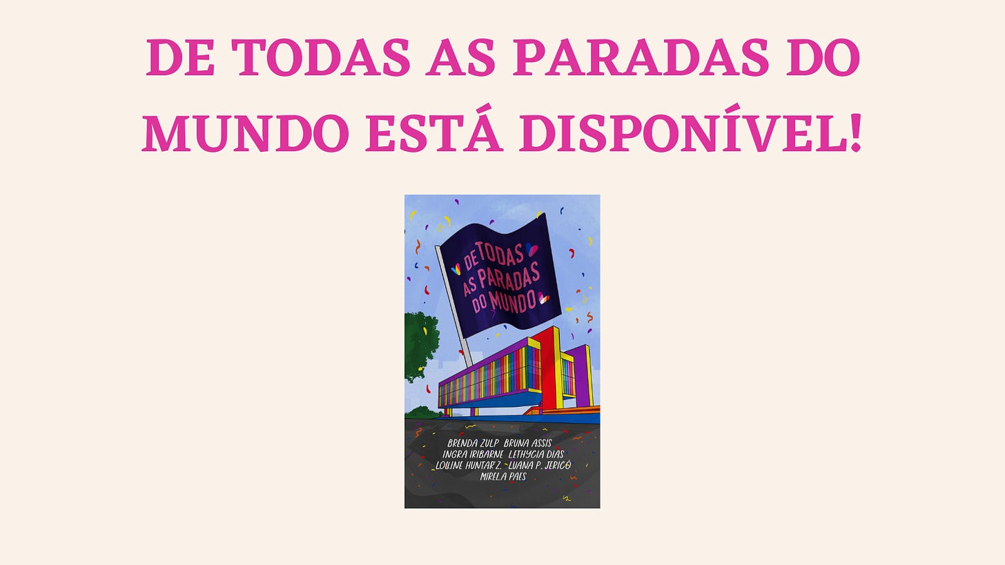 Banner digital de cor clara com a capa do livro "De todas as paradas do mundo" no centro e o título "De todas as paradas do mundo já está disponível!"