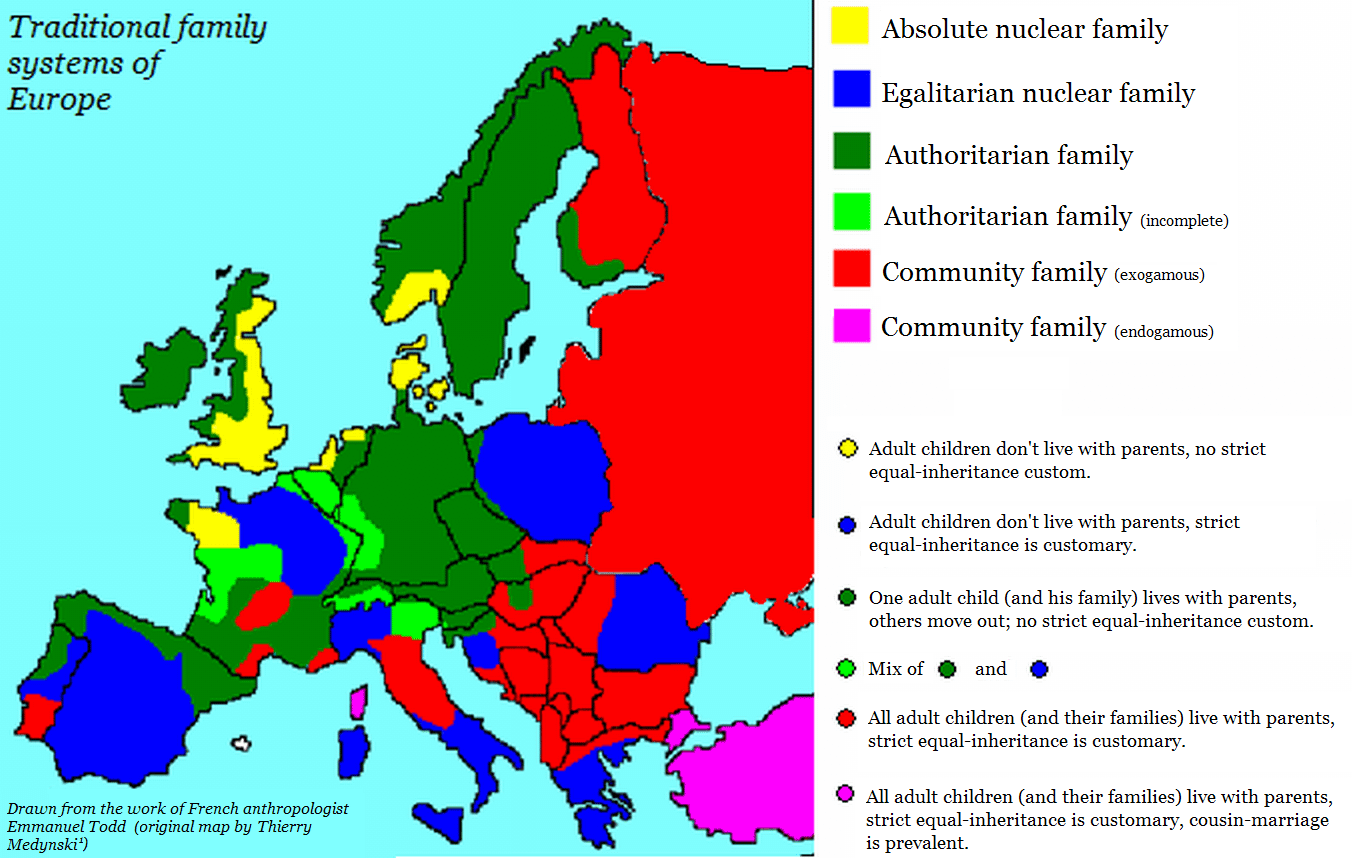 Traditional family systems of Europe, from the work of French  anthropologist Emmanuel Todd. [1352x858] : r/MapPorn