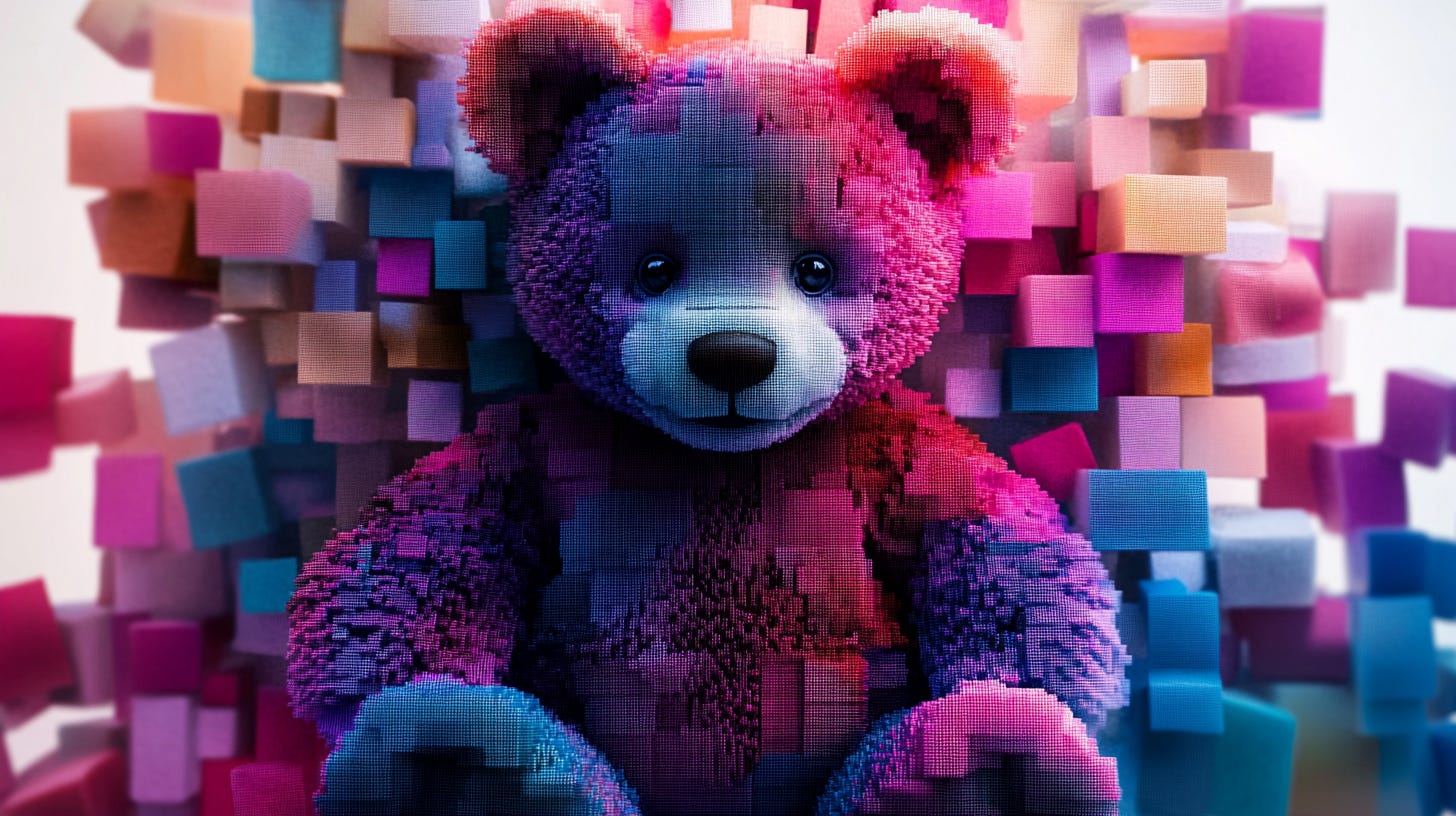  a teddy bear as a mosaic of colorful pixelated images, highly detailed, white background, 8k