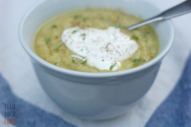 Potato leek soup by Eve Fox, The Garden of Eating, copyright 2025.