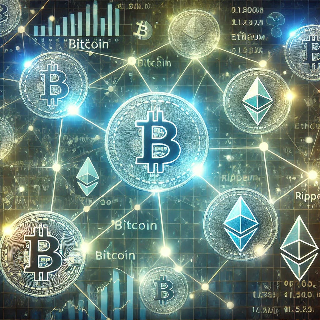 A detailed depiction of a blockchain network, with interconnected nodes representing the decentralized nature of cryptocurrencies. Each node is glowing, showing the transfer of digital assets, with a Bitcoin symbol and other cryptocurrency logos, like Ethereum and Ripple, floating around. The background shows faint financial charts indicating price trends. The color scheme is a mixture of blue, neon green, and white.