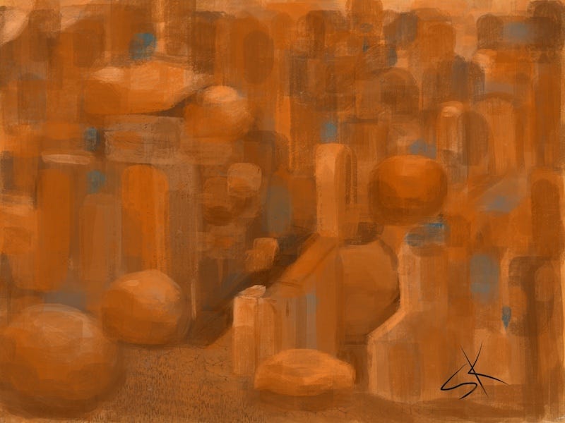 Abstract painting by Sherry Killam Arts of an arrangement of burnt sienna pillars and boulder forming stacks and passageways or aisles.