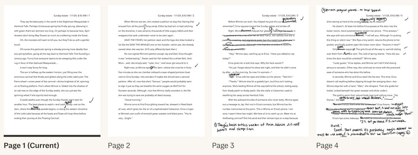 These are 4 pages of handwritten edits taken from my ReMarkable. You can see my Circling Process in action. Some pages have almost no changes; others get meatier. I fix whatever I see that I feel needs fixing.