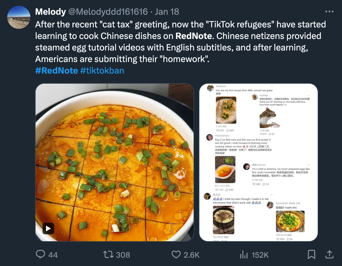 After the recent "cat tax" greeting, now the "TikTok refugees" have started learning to cook Chinese dishes on RedNote. Chinese netizens provided steamed egg tutorial videos with English subtitles, and after learning, Americans are submitting their "homework". #RedNote #tiktokban