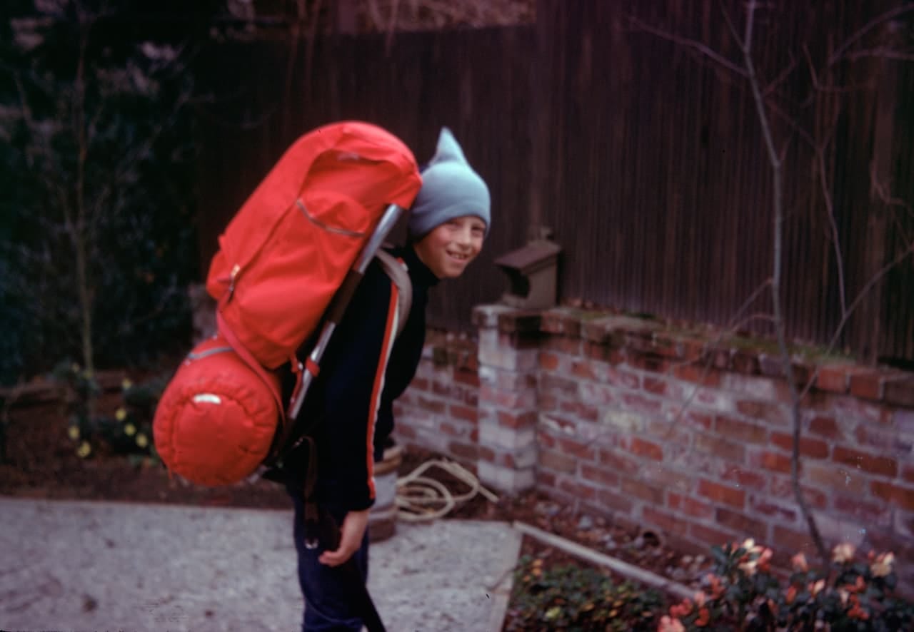 A young Gates gears up for a winter hike in 1967.