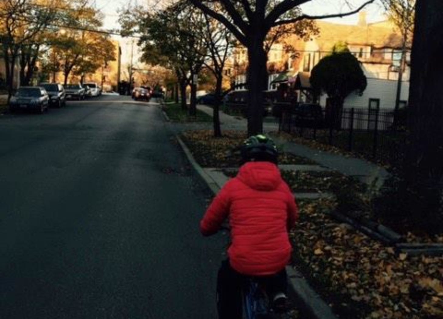 Child riding bike on street at dusk.