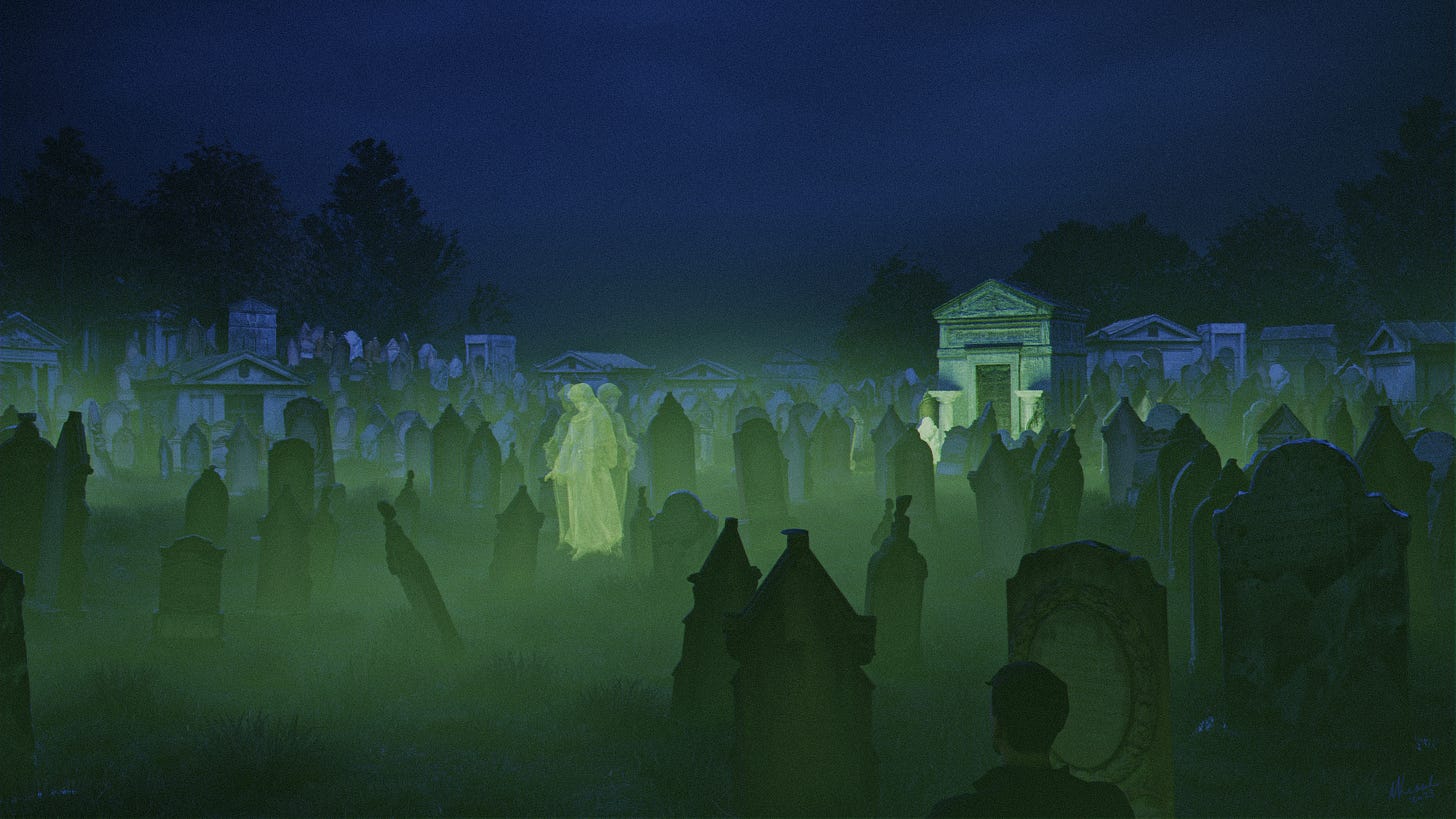 An ephemeral ghost wanders a dark cemetery full of headstones and crypts, lit by phosphorescent mist, while a person in the foreground watches from a hiding place.