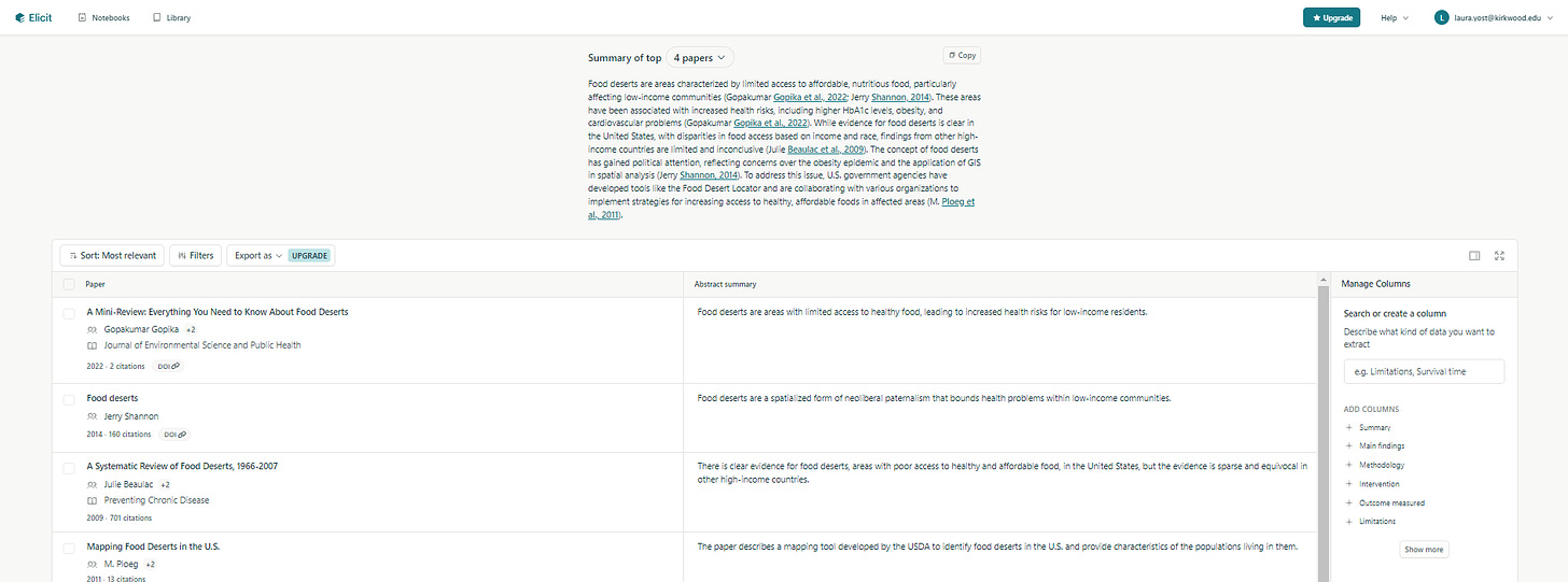 Elicit results page sharing a content summary, paper listing, and additional column options.