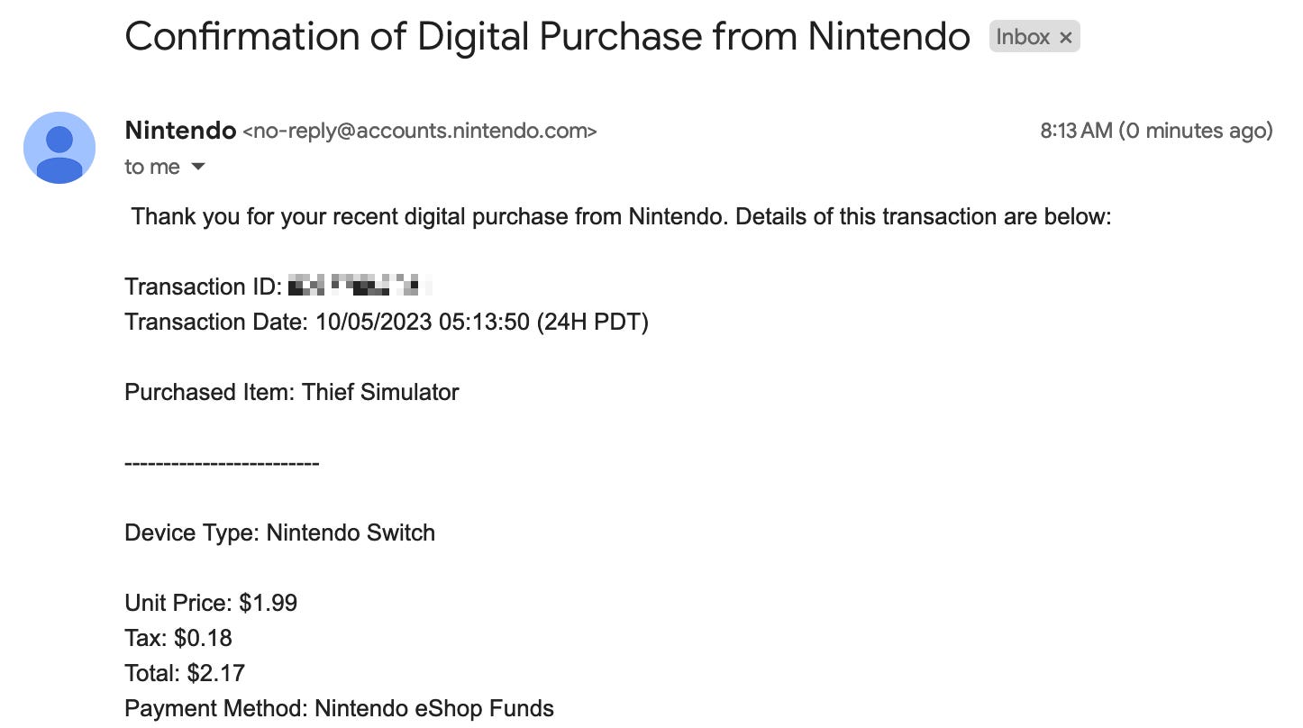 A receipt for a purchase of Thief Simulator for $2.17