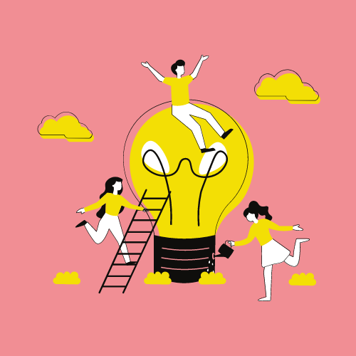 A huge yellow lightbulb in the sky with yellow clouds. One person is climbing up a ladder to the lightbulb, another is watering the bottom of the bulb and the 3rd person is sitting on top of the lightbulb. They are all wearing white trousers and a yellow T-shirt. Graphic from Canva