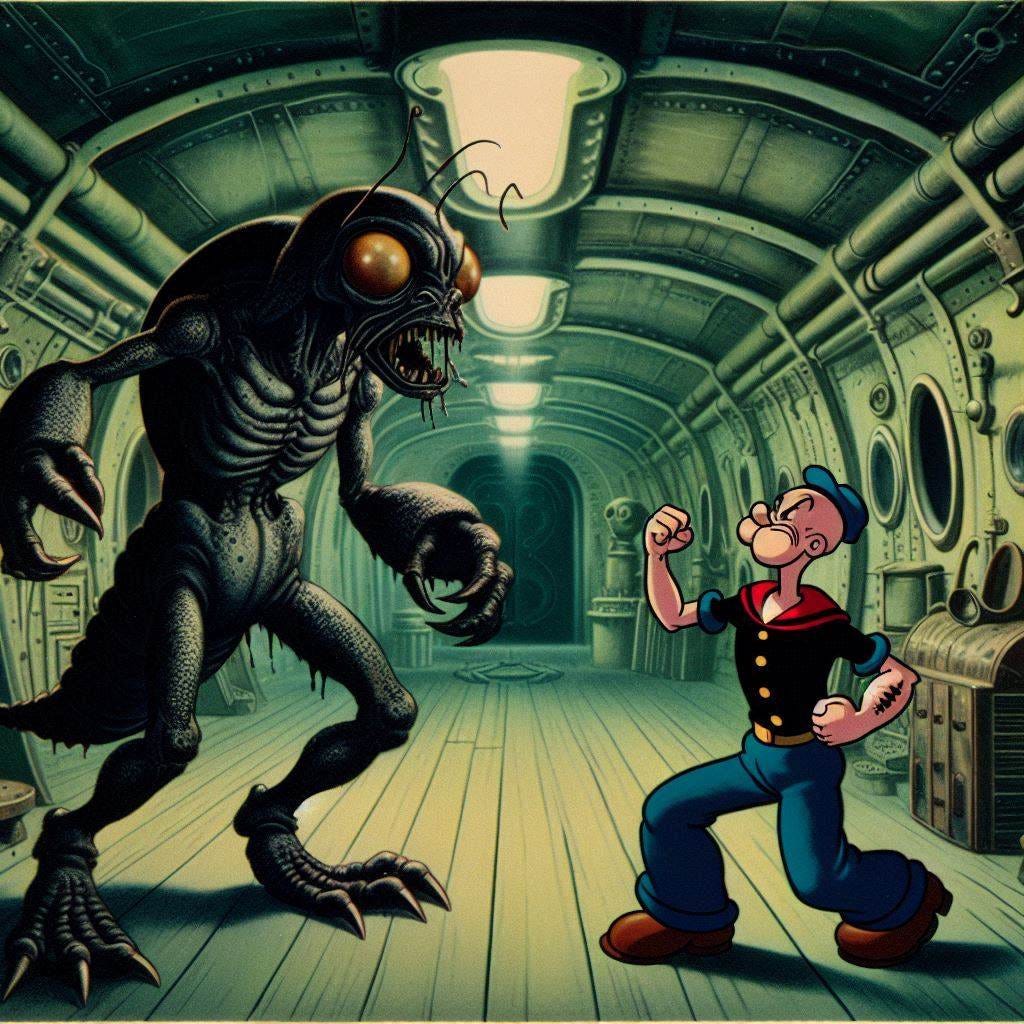 Popeye fighting humanoid cockroach, eerie spaceship hallway, 1930s cartoon