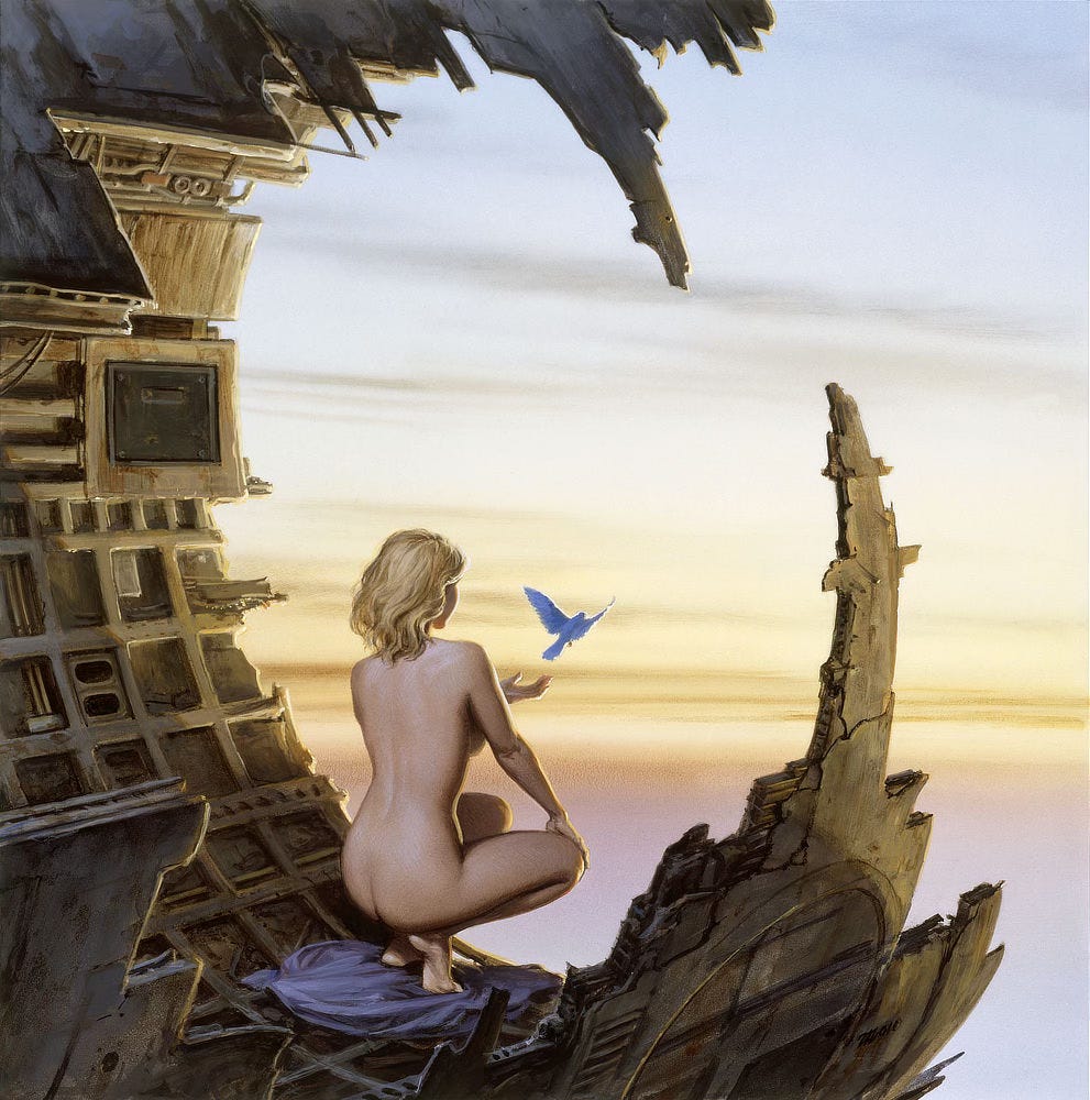 At the edge of a decaying concrete tunnel, a woman with shoulder length blonde hair holds out her hand to release a bluebird. It spreads its wings wide taking flight into placid skies. The view out of her aerie is from behind. She squats with knees out, comfortably balanced, but noticeably her body is bare. Her clothes lay in a pile beneath her as the sun cuts across the opening of her makeshift sanctuary.