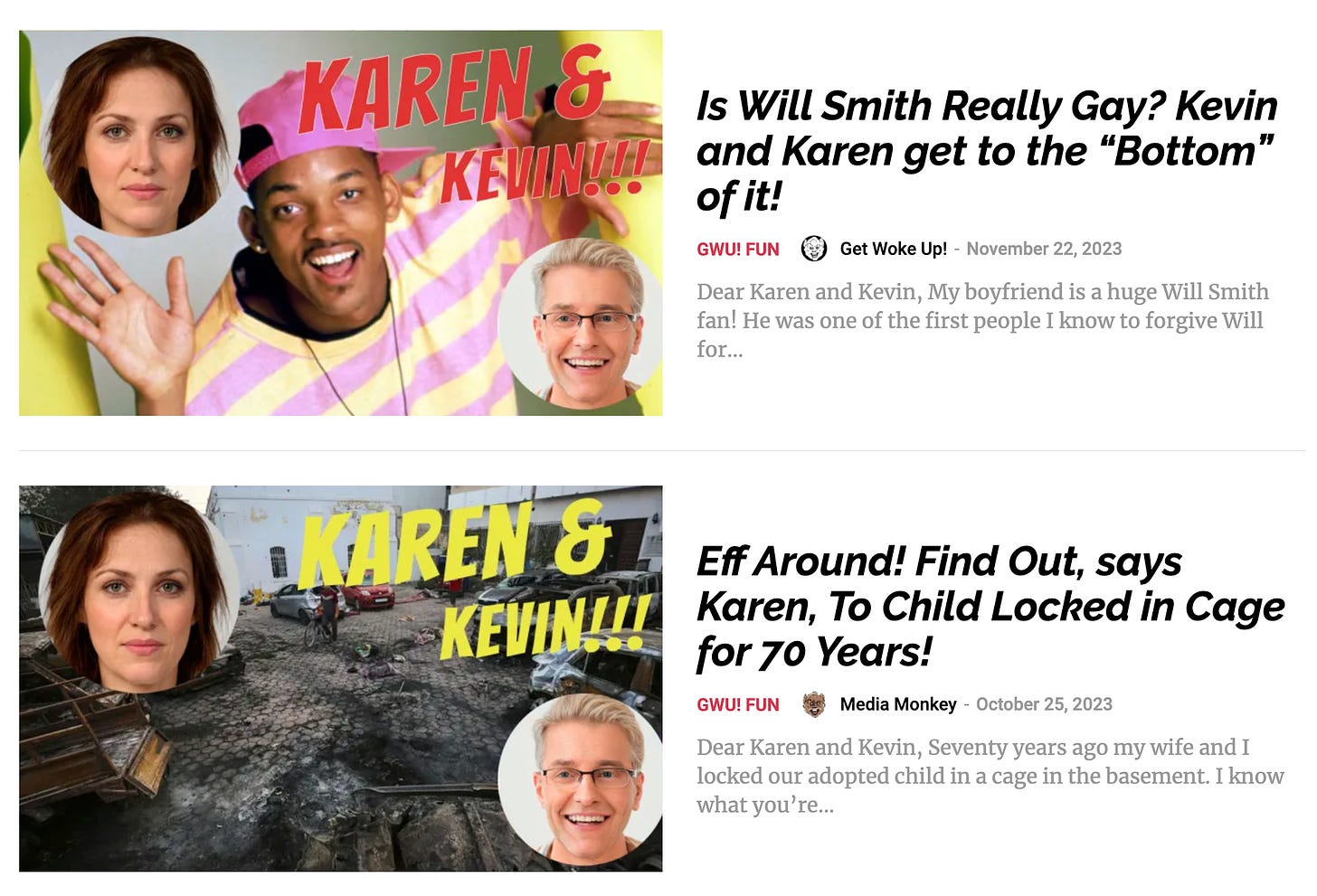 screenshots of "Karen and Kevin" advice columns from getwokeup.com