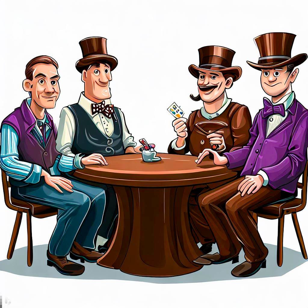 An AI-generated cartoon image of 4 men in different costumes sitting around a table playing cards