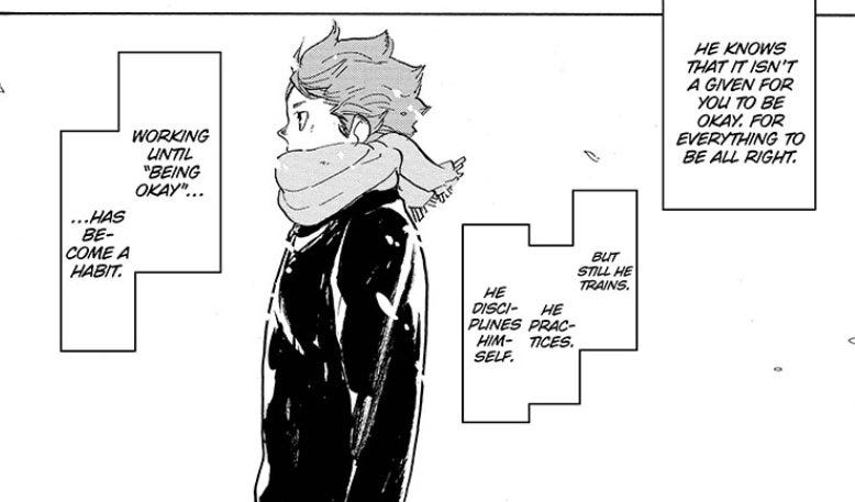 Panel from Haikyuu that reads, "He knows that it isn't a given for you to be okay. For everything to be all right. But still he trains. He practices. He disciplines himself. Working until "being okay"...has become a habit." Hinata is in between the various speech bubbles.