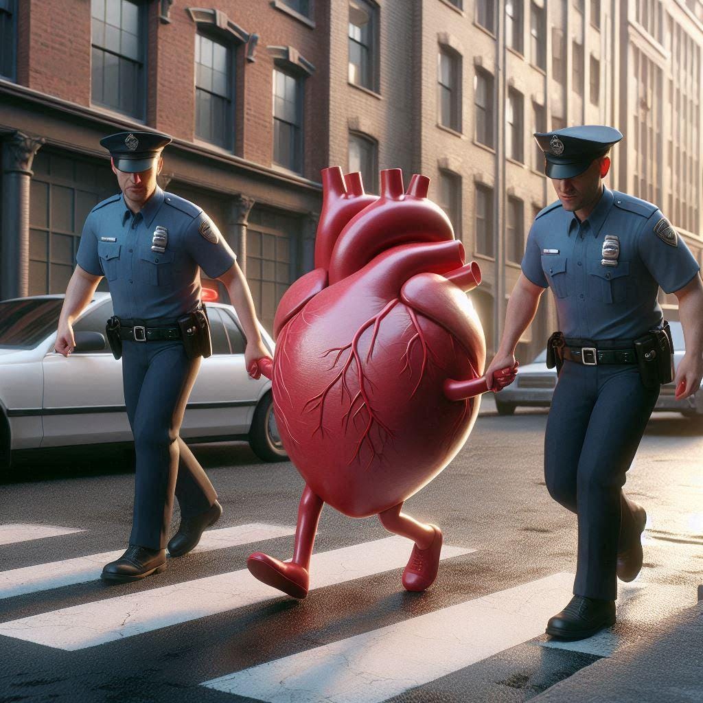 An ai-generated picture of two police officers walking an anthropomorphic human heart with legs. It is a cardiac arrest.