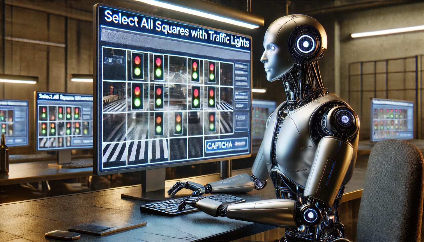 A futuristic scene depicting a humanoid robot sitting at a desk, intently looking at a computer screen which displays a captcha puzzle. The screen shows a real-world captcha challenge with the instruction 'Select all squares with traffic lights,' featuring a grid with images of streets and traffic lights similar to the provided example. The robot has a sleek metallic body with visible joints and a head designed with illuminated eyes. The room is dimly lit, emphasizing the glow from the computer screen, which reflects on the robot's metallic surface.