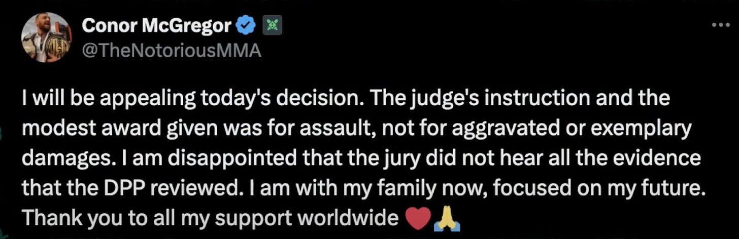 I will be appealing today’s decision. The judge’s instruction and the modest award given was for assault, not for aggravated or exemplary damages. I am disappointed that the jury did not hear all the evidence that the DPP reviewed. I am with my family now, focused on my future. Thank you to all my support worldwide. (heart emoji) (joined hands emoji)