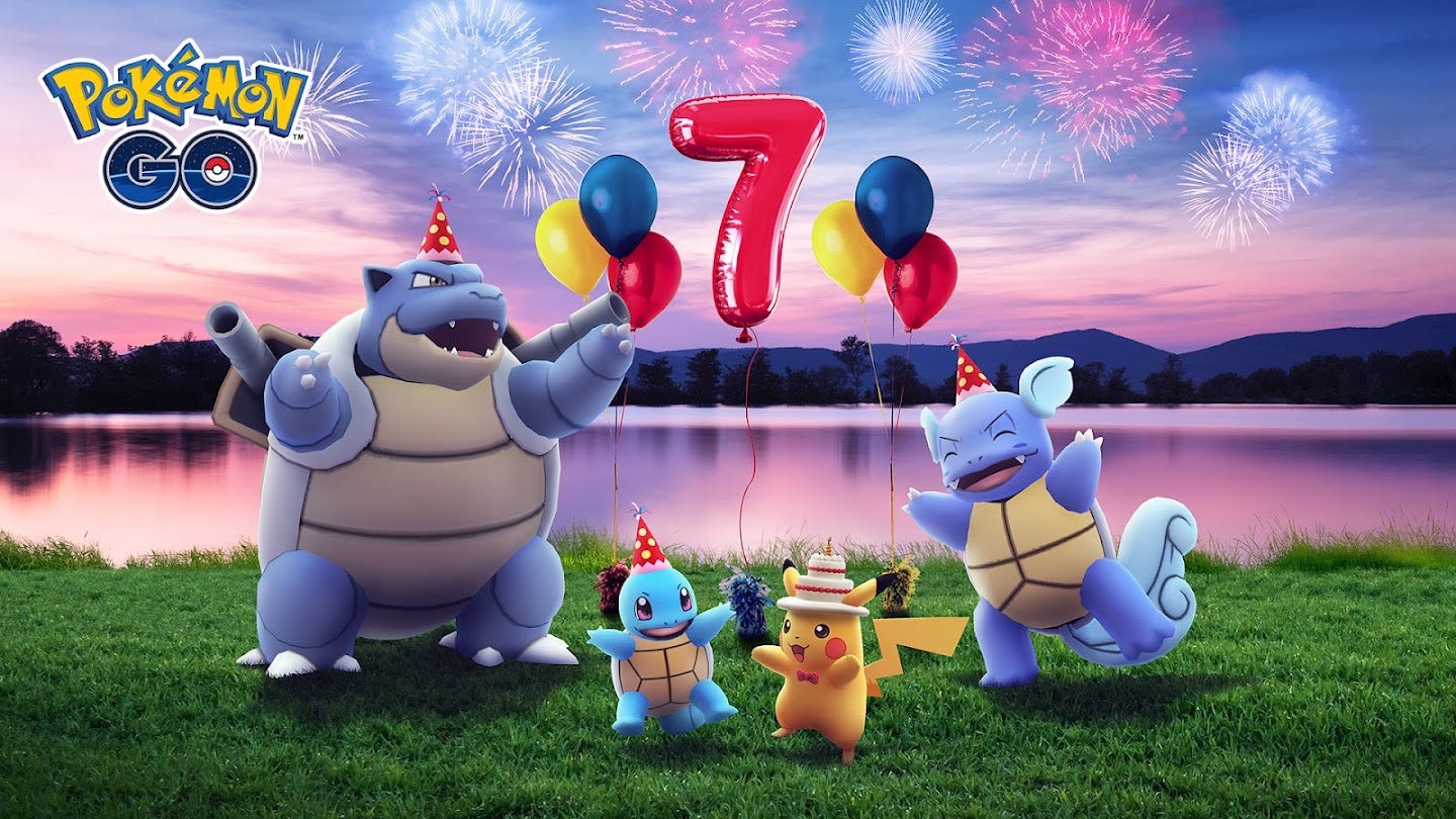 Pokémon GO's promotional banner marking its seventh anniversary