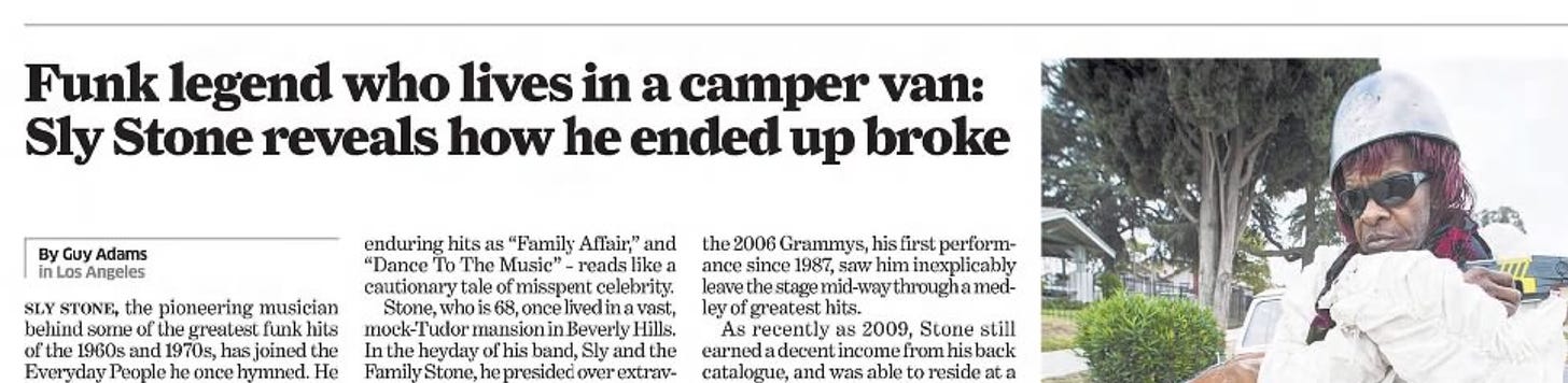 Headline about Sly Stone living in a van