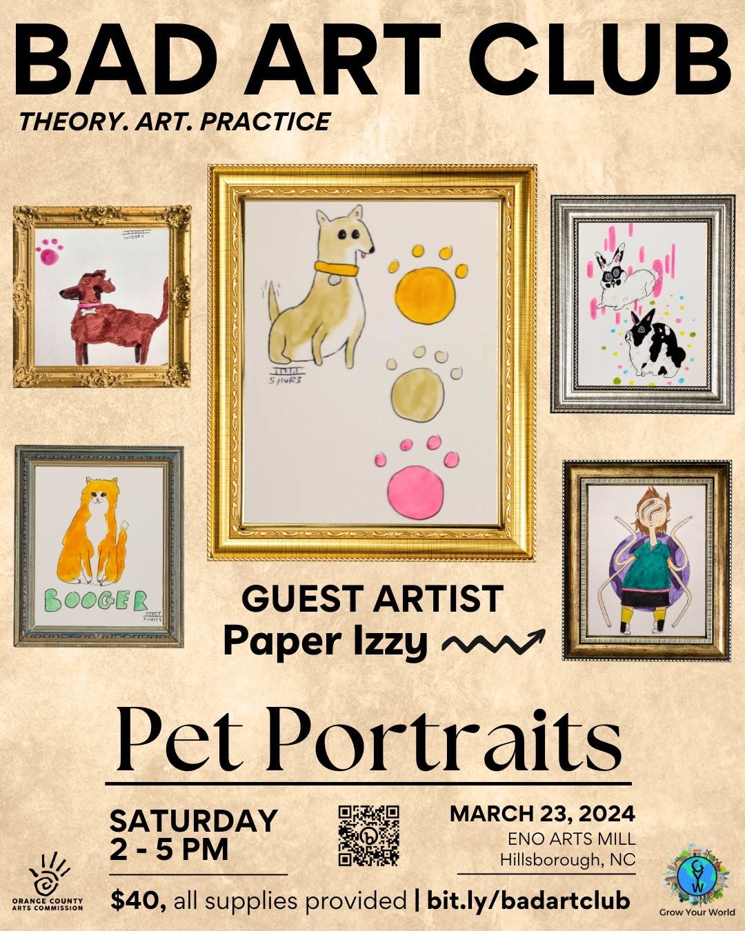 Promo poster for BAC featuring pet portrait examples.