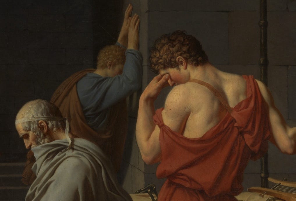 Detail view of a painting showing three figures, dressed in Roman togas, in various states of sorrow