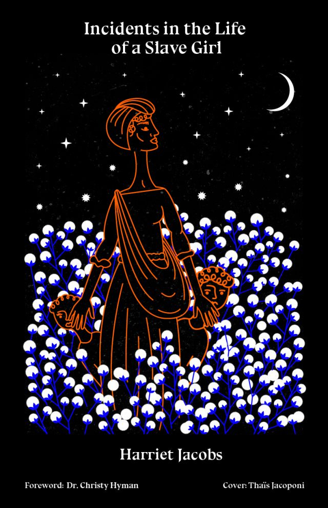 Cita Press cover of Incidents, featuring a black background and an orange illustration outline of a woman standing in a cotton field looking up at the moon, putting her hands in front of two children peeking out from behind her skirts.