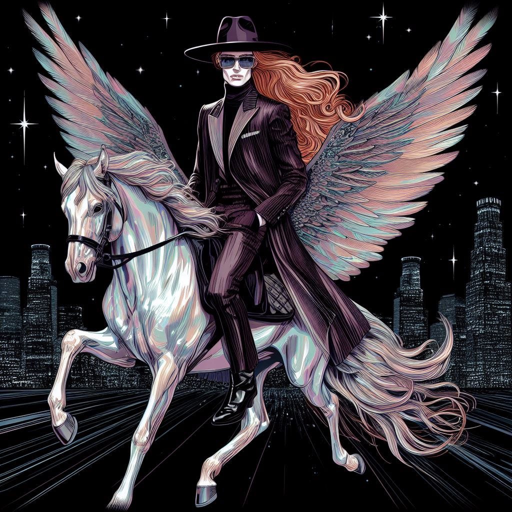 chic stylish illustration in the style of Pater Sato of a thin and lithely muscular red-blonde long-haired man with an angular jawline and high cheekbones riding a pearlescent chromatic winged pegasus across the glowing night sky of los angeles, the man is wearing movie star sunglasses an elegant tailored mohair casentino riding coat and sharkskin trousers with a wide-brimmed dark hat and sleek italian boots