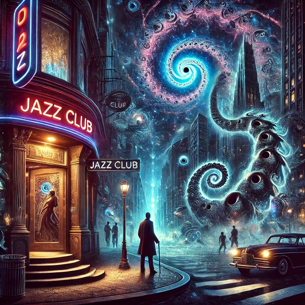 A surreal, cyber-noir cityscape at midnight. A lone man walks through neon-lit streets, where signs flicker with cryptic messages. A jazz club doorway glows with an eerie blue light, and inside, a mysterious woman with black hole eyes watches from the bar. Reality distorts—fractals twist in the sky, and a serpent coils above, its scales reflecting an infinite universe. A Möbius strip of echoes weaves through the air as time folds in on itself. The atmosphere is mystical, dreamlike, and infused with cosmic mystery.