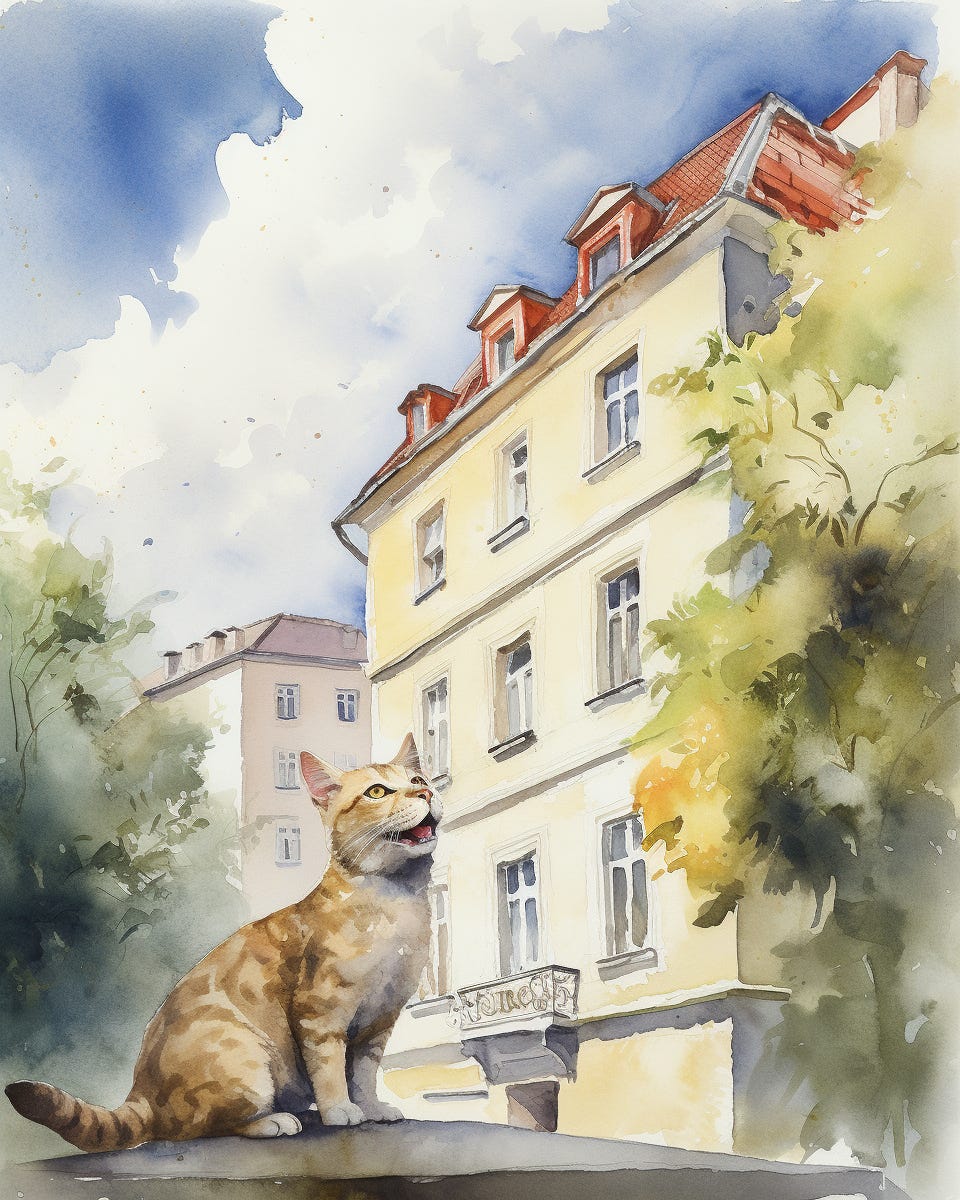 a classical watercolor painting of a cat playing happily in a neighbourhood in Munich, bright and sunny day, happy clouds
