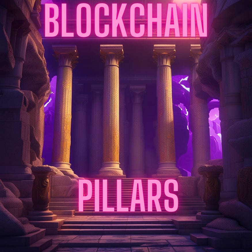 There are pillars in ancient Greek style in the picture with “Blockchain pillars” written above and under them