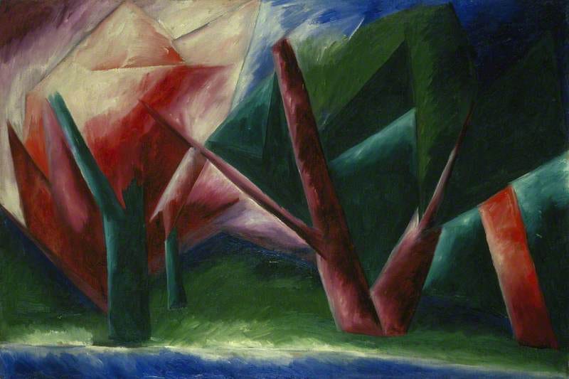 Modernist painting of a forest depicted in bold, saturated reds, blues, and greens