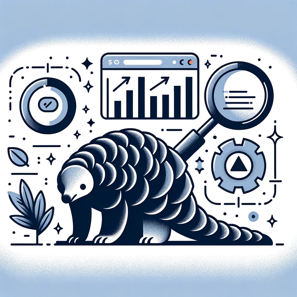 Create a minimalist style illustration that combines a pangolin with elements symbolizing SEO strategy. The image should feature a pangolin interacting with iconic SEO symbols like a magnifying glass, search bar, or graph. The design should be simple and clean, with minimal background elements. Use a limited color palette to maintain the minimalist aesthetic, while effectively conveying the concept of SEO strategy in a creative and abstract way.