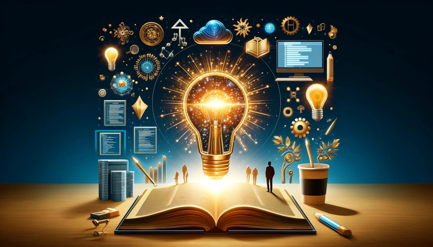 An inspiring image representing entrepreneurship and career growth. The image features an open book with glowing ideas and lightbulbs floating out of it, symbolizing knowledge and inspiration. Around the book, there are icons of technology and frontend development like code snippets, computer screens, and a coffee cup, reflecting the modern digital workspace. In the background, there's a silhouette of a person reaching towards a rising arrow, symbolizing growth and success. The overall color scheme is vibrant with shades of blue and gold, evoking a sense of optimism and opportunity.