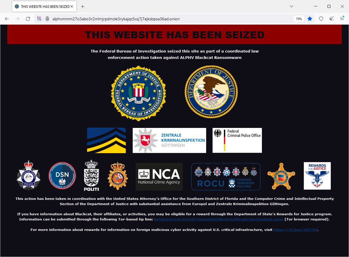 Screenshot of the AlphV dark web leak site with a seizure banner posted by US authorities