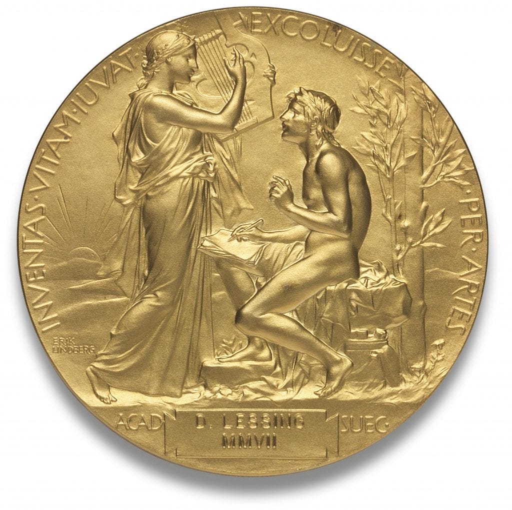 Close up of a Nobel medal for literature showing a classical poet and harpist