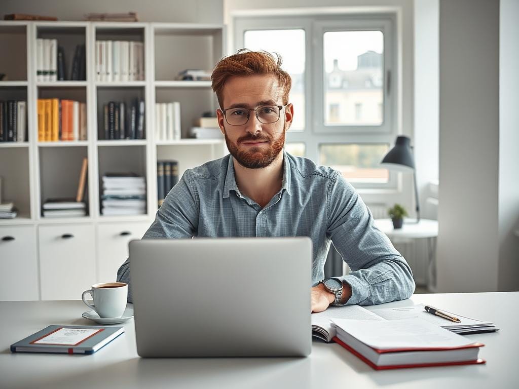 A man with red hair and glasses is sitting at a desk with a laptop, notebooks, pen, and coffee