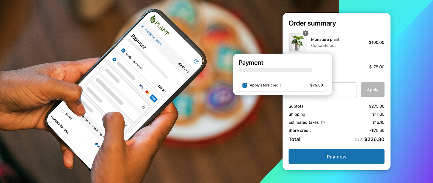 A person's hands are shown holding a smartphone displaying a mobile payment interface for an online plant store. The screen shows payment options including "Apply store credit" with a balance of $141.89, and various credit card icons (Visa, Mastercard, American Express, Discover) with a $75.56 amount pre-filled next to the Visa option.  Overlapping the phone screen is a smaller pop-up labeled "Payment" with an option to "Apply store credit" showing a balance of $75.50 and an "Apply" button.  To the right, a partially visible "Order summary" shows details including a "Monstera plant" in a "Concrete pot" priced at $160.00, and an additional unspecified item at $175.00. Below these items, the subtotal is listed as $275.00, shipping at $11.65, estimated taxes at $15.15, store credit applied as -$75.50, resulting in a total of USD $226.30. A prominent blue "Pay now" button is at the bottom of the order summary.  The background is blurred, suggesting a home setting with a colorful, round object partially visible.