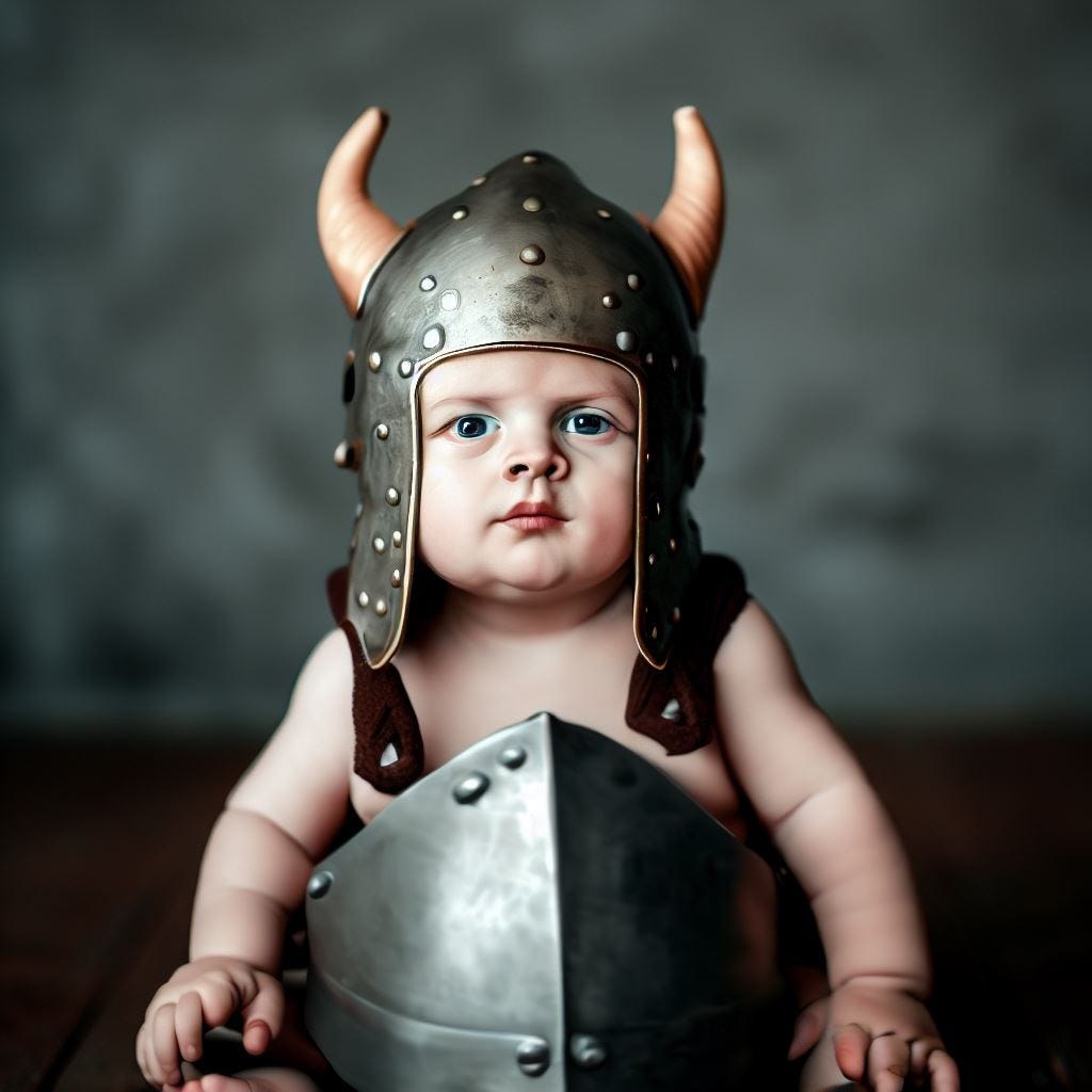 baby wearing a viking helmet