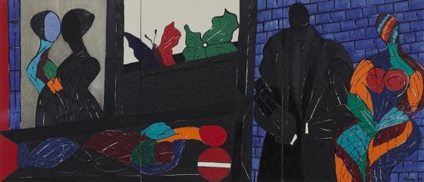 abstract shapes depicting people embracing, a butterfly and a two people leaning against a brick wall in dark blues, reds, greens, orange and black