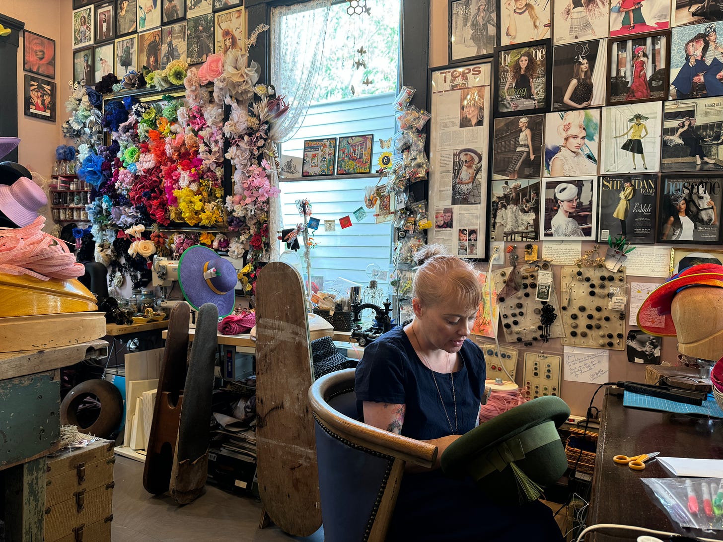 This is an image of Master Milliner Jenny Pfanenstiel adding a liner to the hat I selected.