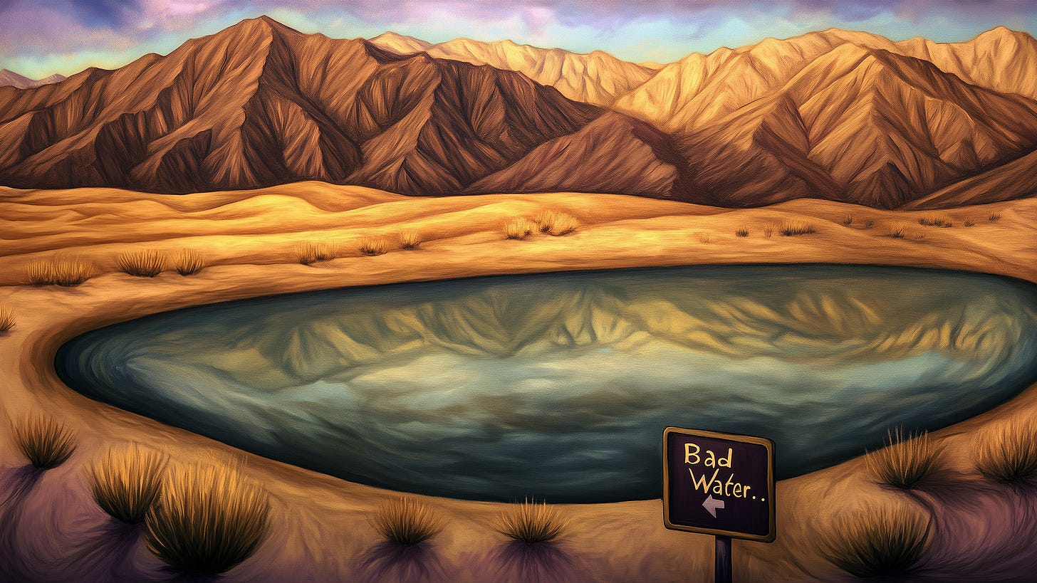 Digital painting of Bad Water, Death Valley: A dark reflective pool mirrors rugged mountains beneath a pastel sky. Golden desert sand and scrub brush frame the water. A simple warning sign reads "Bad Water." The painterly style evokes both anime backgrounds and American Southwest art. The mirror-like pool and stark landscape echo the poem's themes of reflection, isolation, and finding beauty in desolation - a visual metaphor for the journey from shame to shamelessness.