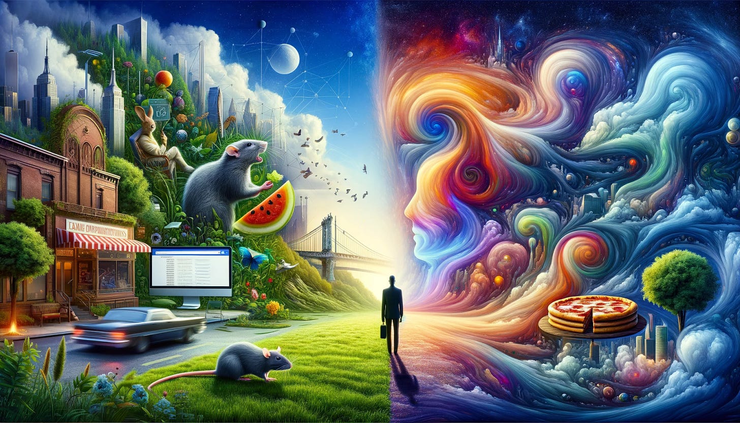 A widescreen hero image reflecting the concept of presuppositions in language and thought. The image should be divided into two sections. On the left, a visually complex scene representing linguistic propositions: A lush, vibrant landscape with green grass under a clear blue sky, a street in New York with a rat eating a pizza, and a figure representing the 'King of France' with a bald head. On the right, a contrasting scene symbolizing presuppositions: Abstract, ethereal representations of mental spaces, with swirling colors and shapes. These shapes subtly form the outline of a search engine labeled 'Google', a metaphorical horse labeled 'stallion', and the word 'green' in various shades. The overall image should visually convey the depth and complexity behind simple linguistic statements, showcasing the interconnectedness of propositions and presuppositions.
