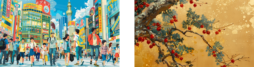 The vibrant cityscape filled with bustling pedestrians under colorful billboards captures the dynamic urban life of Japan, while the other side, featuring a serene and traditional depiction of a plant with berries, showcases the calm and beauty of Japanese nature and art.