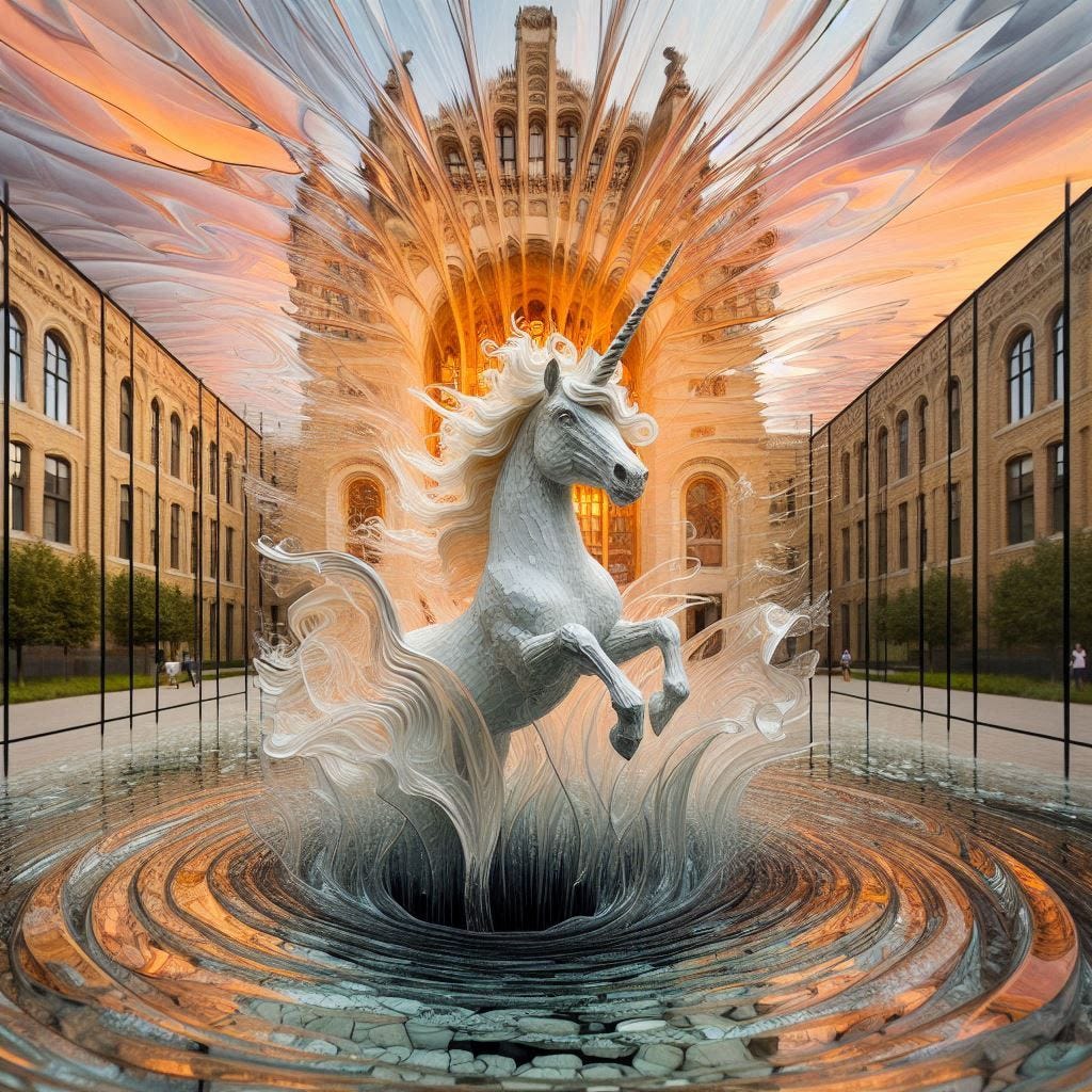inside glass structure; tiltshift/ 5d angle glass embedded Altgeld hall building/ Broken into fragments/ pieces/ whiten unicorn with hair made of blonde water in resin/ ; in front of  Altgeld hall in /  coral orange, pink, cream, olive address/ reverberating waves. black hole in floor/ water in resin verdigris/ In the style of Michael Parkes. black etching/ black linework/ black sky 